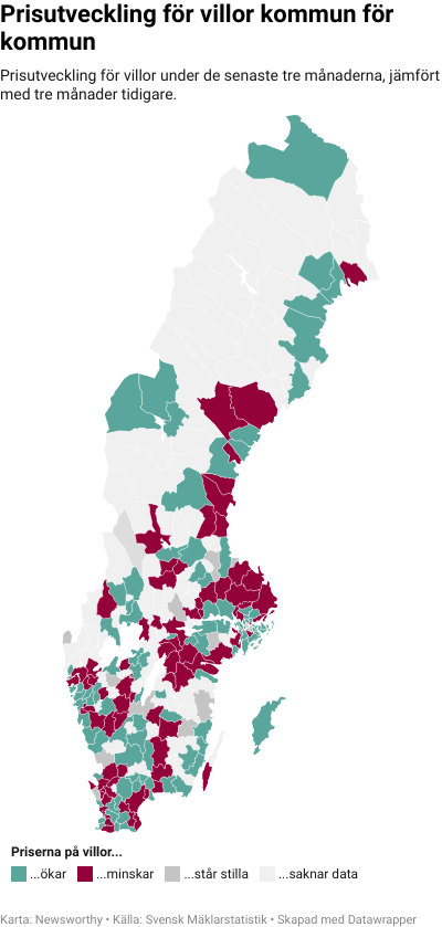 Karta: Prisutveckling för villor kommun för kommun