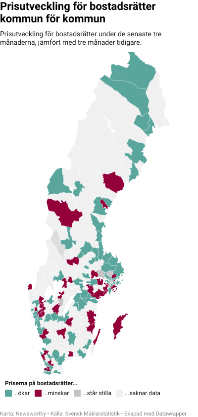 Karta: Prisutveckling för bostadsrätter kommun för kommun