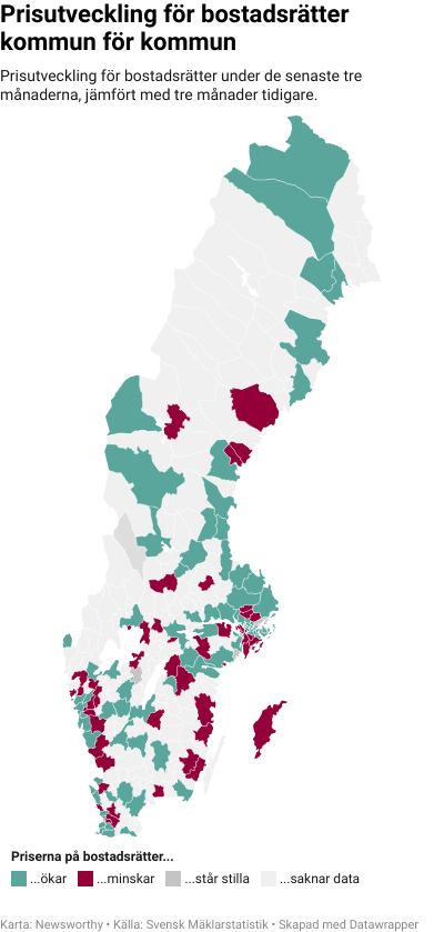 Karta: Prisutveckling för bostadsrätter kommun för kommun