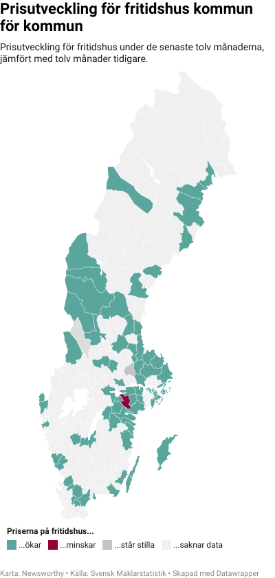 Karta: Prisutveckling för fritidshus kommun för kommun