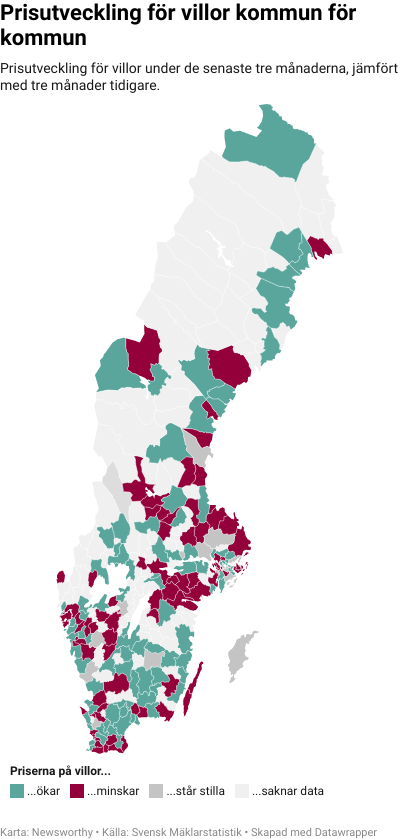 Karta: Prisutveckling för villor kommun för kommun